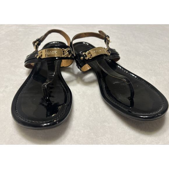COACH Sandals Flats 9 B Caterine Black Patent Leather T-Strap Thong Sling Back - Picture 4 of 9